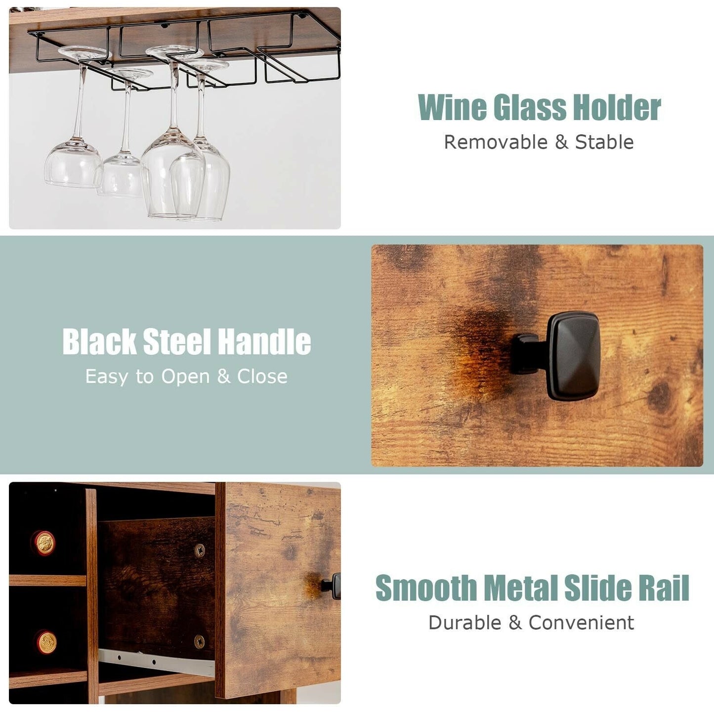 Multifunctional Kitchen Bakers Rack with Wine Bottle Storage Glass Holder and Drawer - Rustic Brown