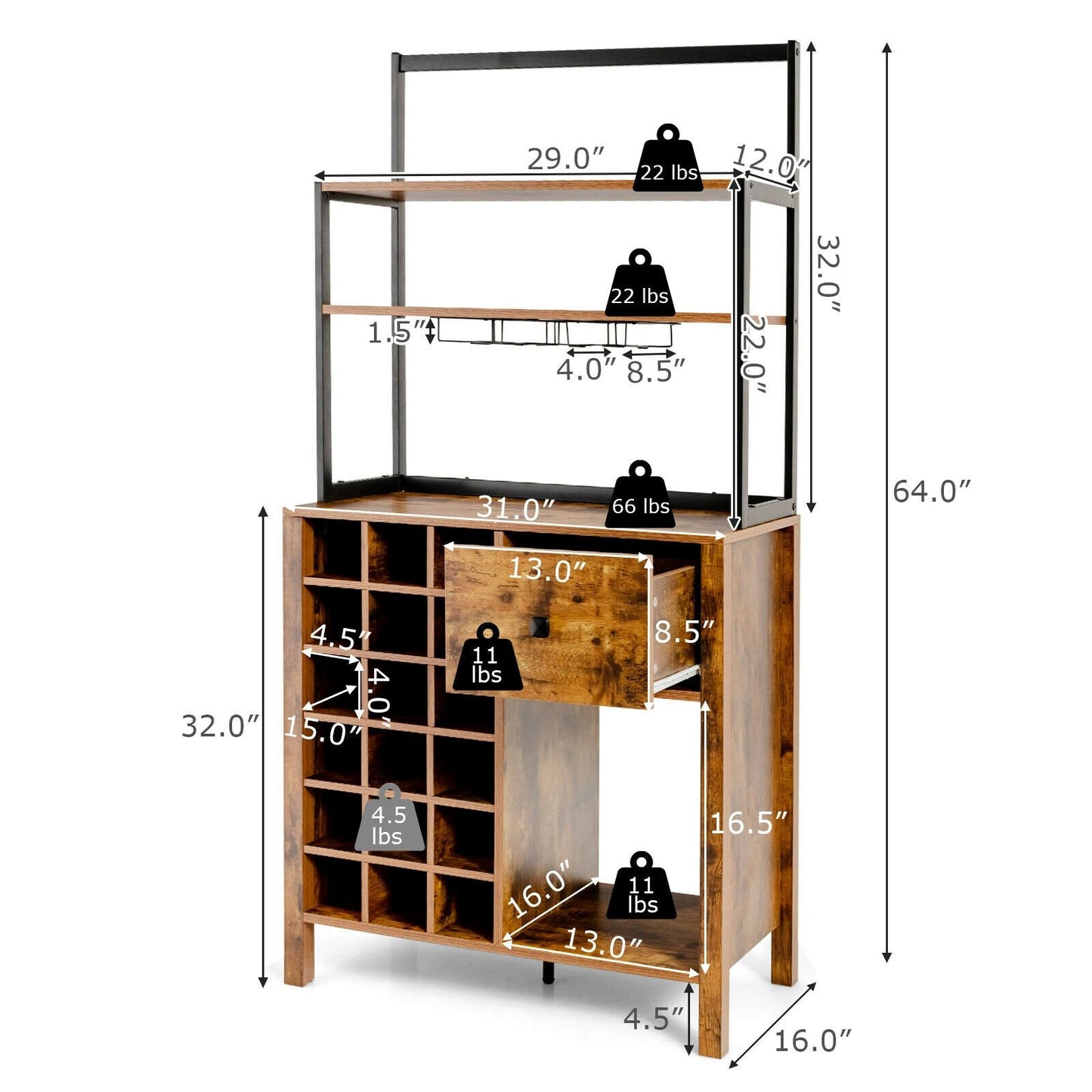 Multifunctional Kitchen Bakers Rack with Wine Bottle Storage Glass Holder and Drawer - Rustic Brown