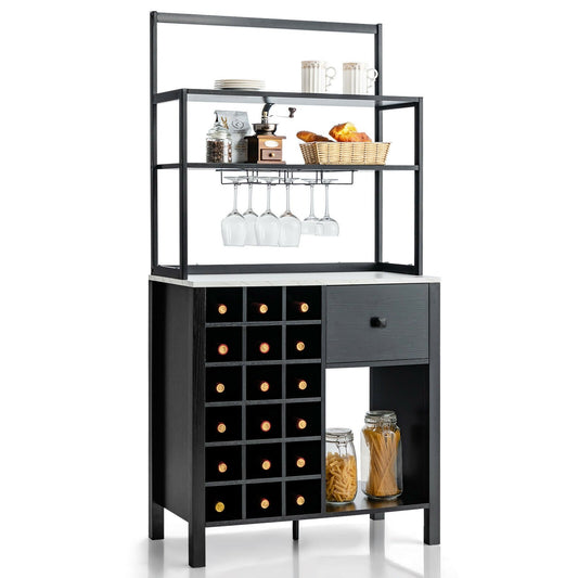 Multifunctional Kitchen Bakers Rack with Wine Bottle Storage Glass Holder and Drawer - Black