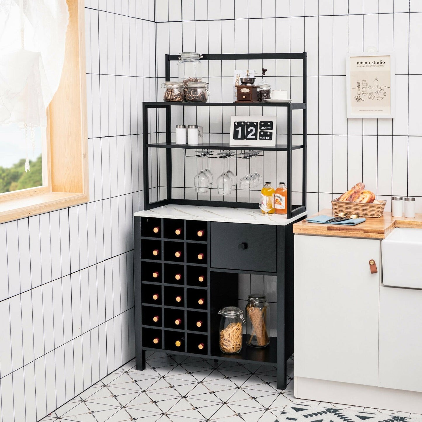 Multifunctional Kitchen Bakers Rack with Wine Bottle Storage Glass Holder and Drawer - Black