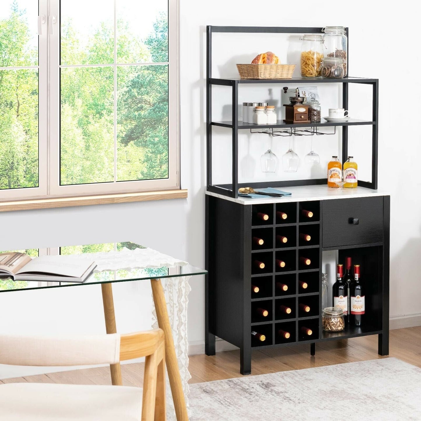 Multifunctional Kitchen Bakers Rack with Wine Bottle Storage Glass Holder and Drawer - Black