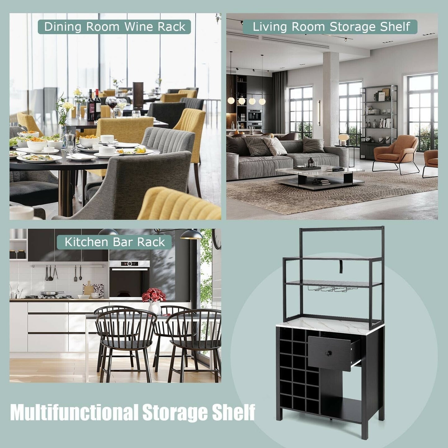 Multifunctional Kitchen Bakers Rack with Wine Bottle Storage Glass Holder and Drawer - Black