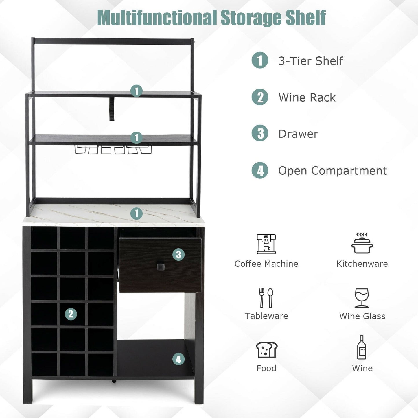 Multifunctional Kitchen Bakers Rack with Wine Bottle Storage Glass Holder and Drawer - Black