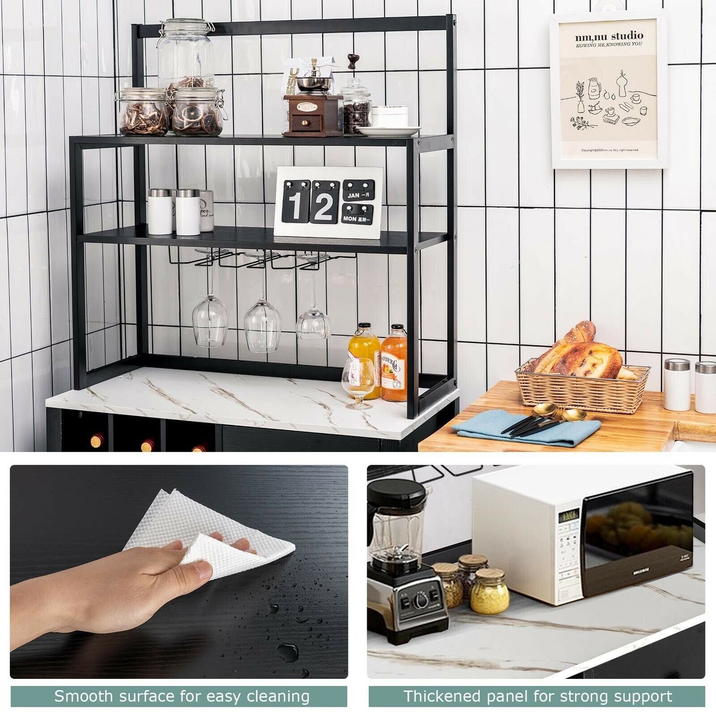 Multifunctional Kitchen Bakers Rack with Wine Bottle Storage Glass Holder and Drawer - Black
