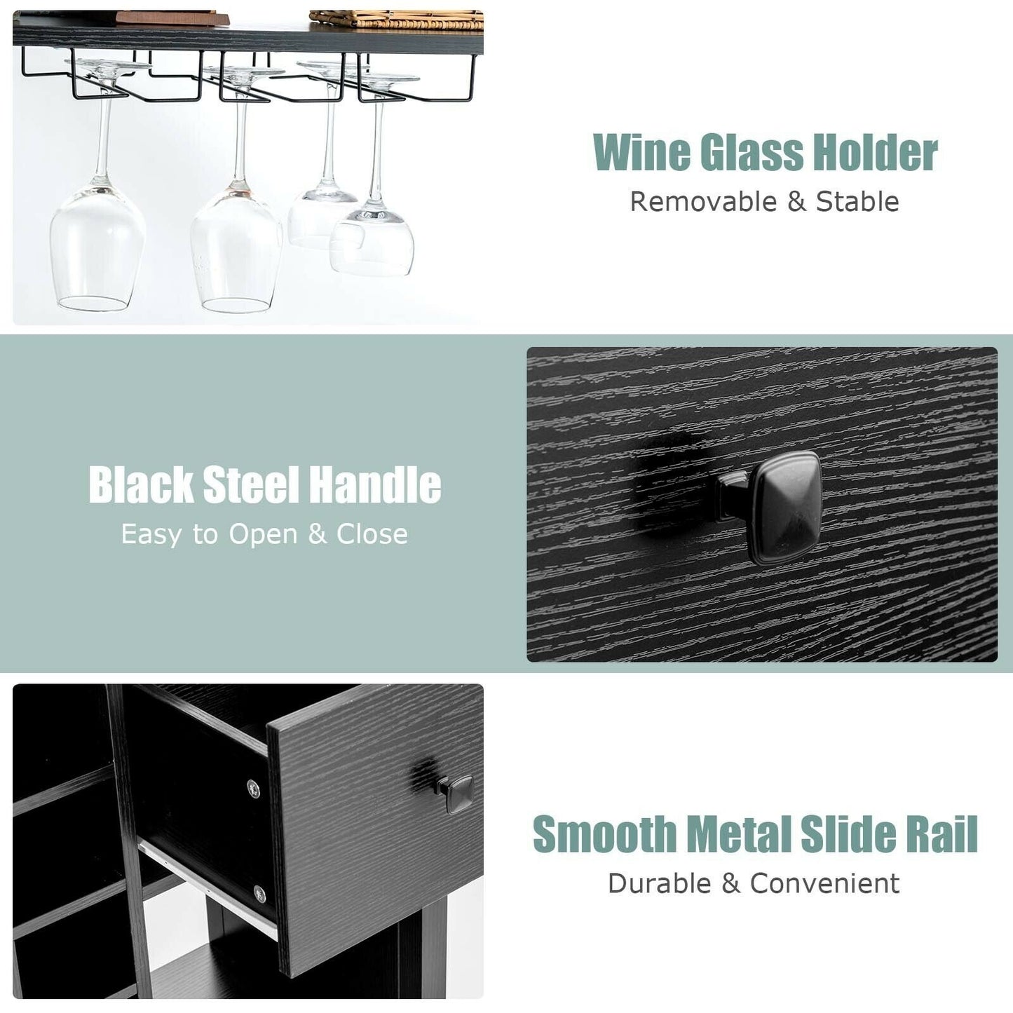 Multifunctional Kitchen Bakers Rack with Wine Bottle Storage Glass Holder and Drawer - Black