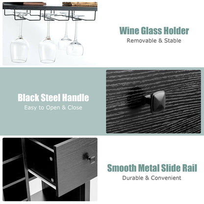 Multifunctional Kitchen Bakers Rack with Wine Bottle Storage Glass Holder and Drawer - Black