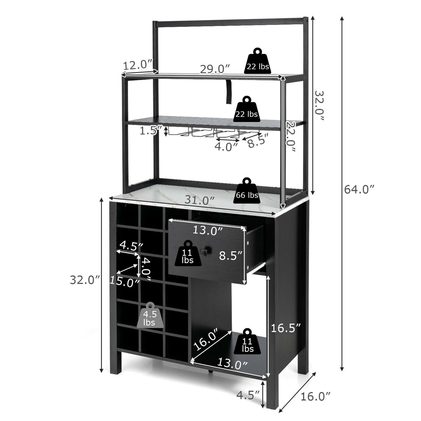 Multifunctional Kitchen Bakers Rack with Wine Bottle Storage Glass Holder and Drawer - Black