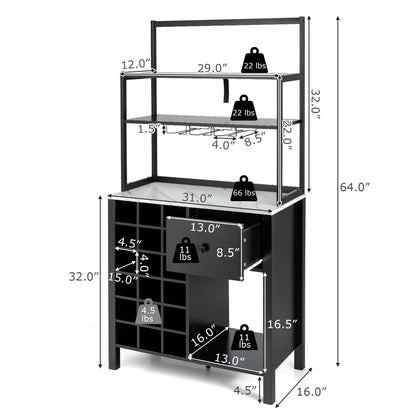 Multifunctional Kitchen Bakers Rack with Wine Bottle Storage Glass Holder and Drawer - Black
