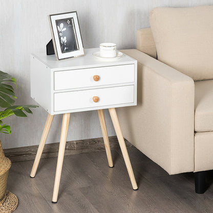 Compact Nightstand with Storage Drawers, Mid-Century Style – White