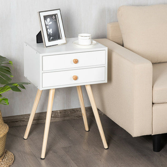 Compact Nightstand with Storage Drawers, Mid-Century Style – White