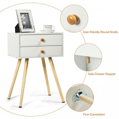 Compact Nightstand with Storage Drawers, Mid-Century Style – White