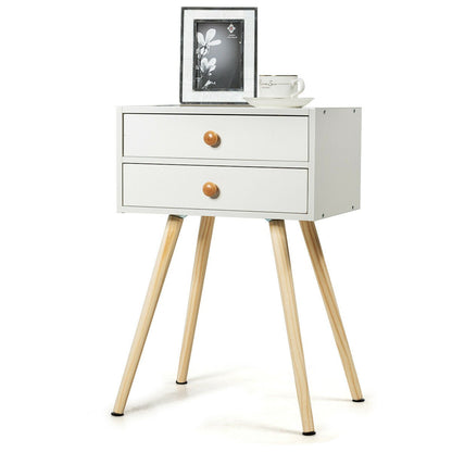 Compact Nightstand with Storage Drawers, Mid-Century Style – White