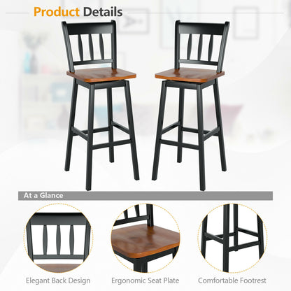 Set of 2 Swivel Counter Bar Stools with Solid Wood Frame, 30.5 Inch Seat Height, Black