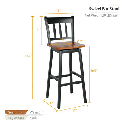 Set of 2 Swivel Counter Bar Stools with Solid Wood Frame, 30.5 Inch Seat Height, Black