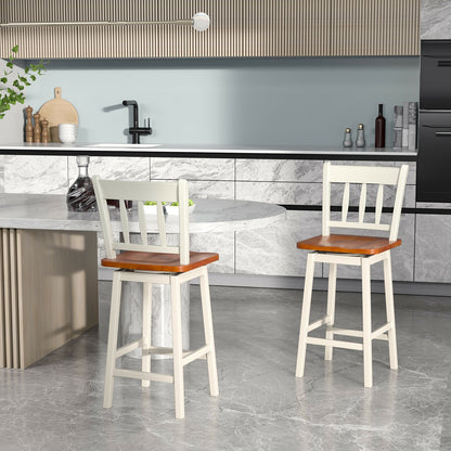 Set of 2 Swivel Counter Bar Stools with Solid Wood Frame, 24.5 Inch Seat Height, White