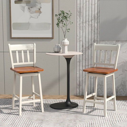 Set of 2 Swivel Counter Bar Stools with Solid Wood Frame, 24.5 Inch Seat Height, White