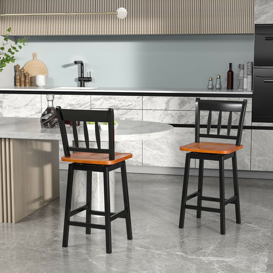 Set of 2 Swivel Counter Bar Stools with Solid Wood Frame, 24.5 Inch Seat Height, Black