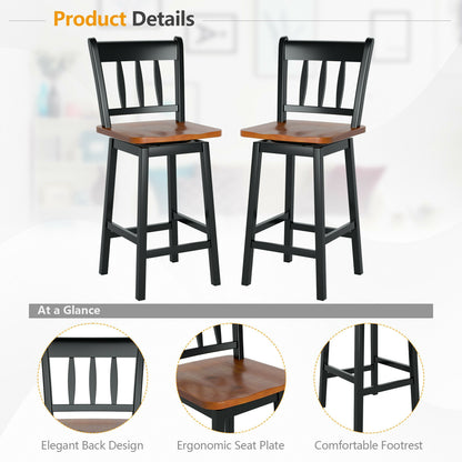 Set of 2 Swivel Counter Bar Stools with Solid Wood Frame, 24.5 Inch Seat Height, Black