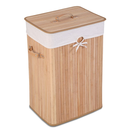 Rectangular Bamboo Laundry Basket with Lid and PU Leather Handles