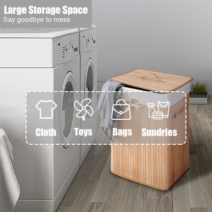 Rectangular Bamboo Laundry Basket with Lid and PU Leather Handles