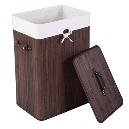 Rectangular Bamboo Laundry Basket with Lid and PU Leather Handles