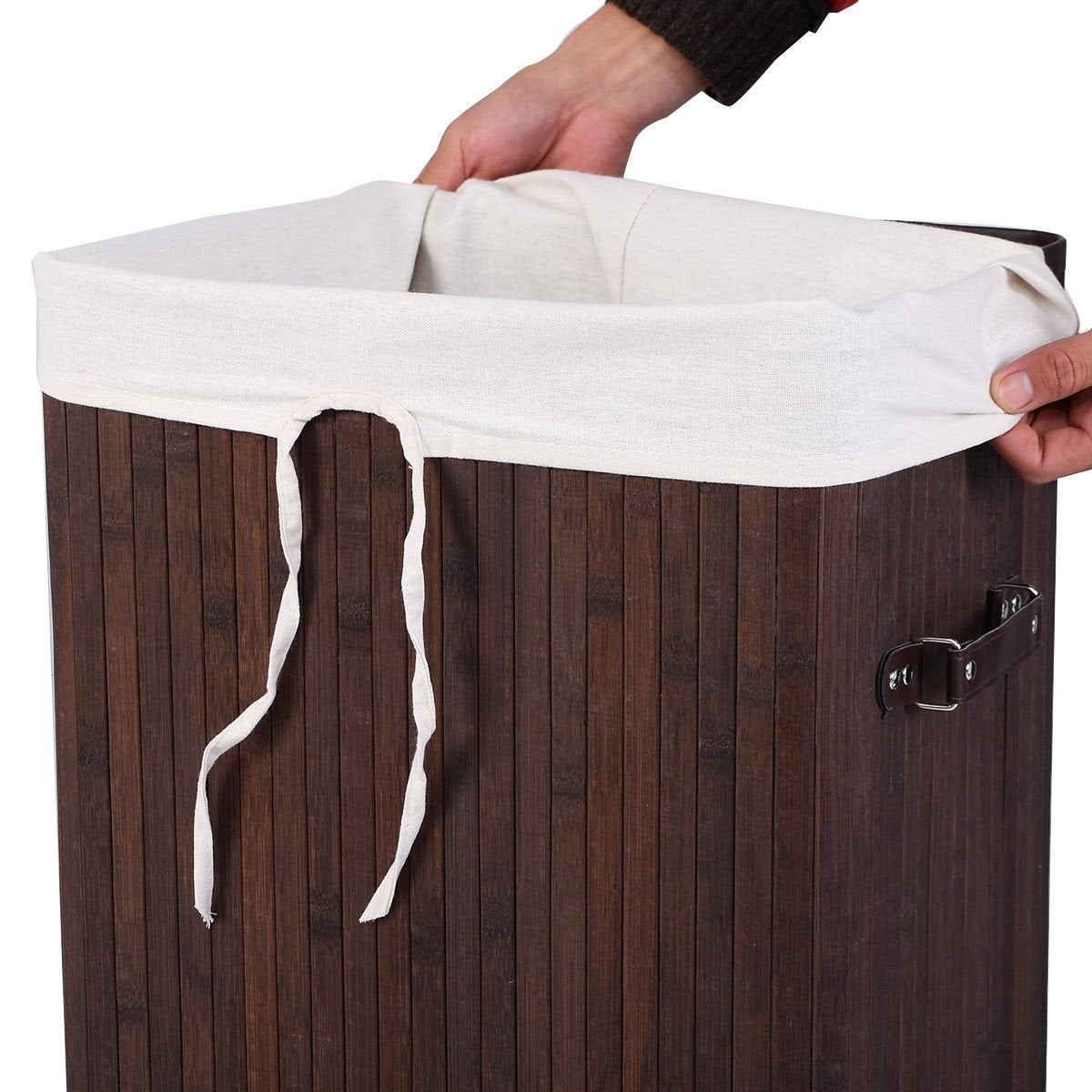 Rectangular Bamboo Laundry Basket with Lid and PU Leather Handles
