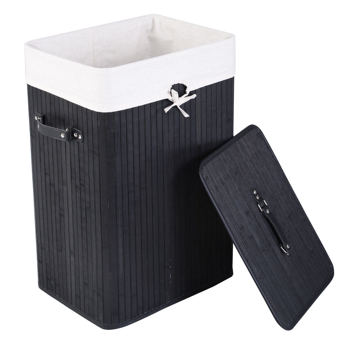 Rectangular Bamboo Laundry Basket with Lid and PU Leather Handles