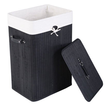 Rectangular Bamboo Laundry Basket with Lid and PU Leather Handles