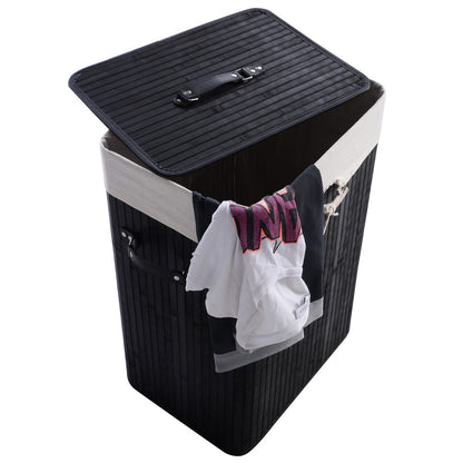 Rectangular Bamboo Laundry Basket with Lid and PU Leather Handles