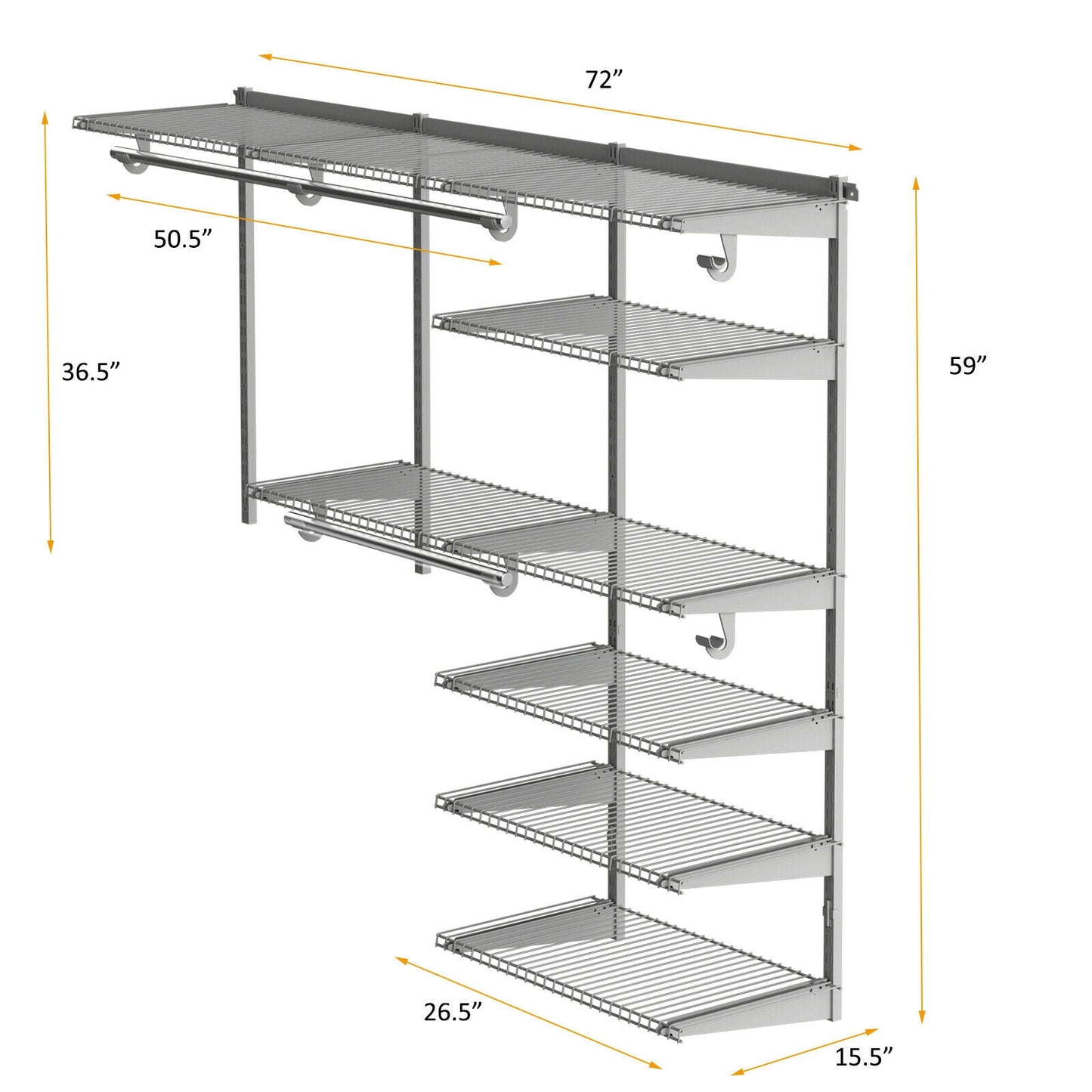 Adjustable Closet Organizer Kit with Shelves and Hanging Rods for 4–6 FT Spaces – Steel Storage System, Grey