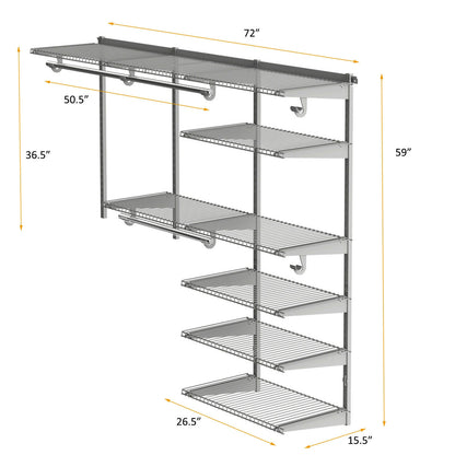 Adjustable Closet Organizer Kit with Shelves and Hanging Rods for 4–6 FT Spaces – Steel Storage System, Grey