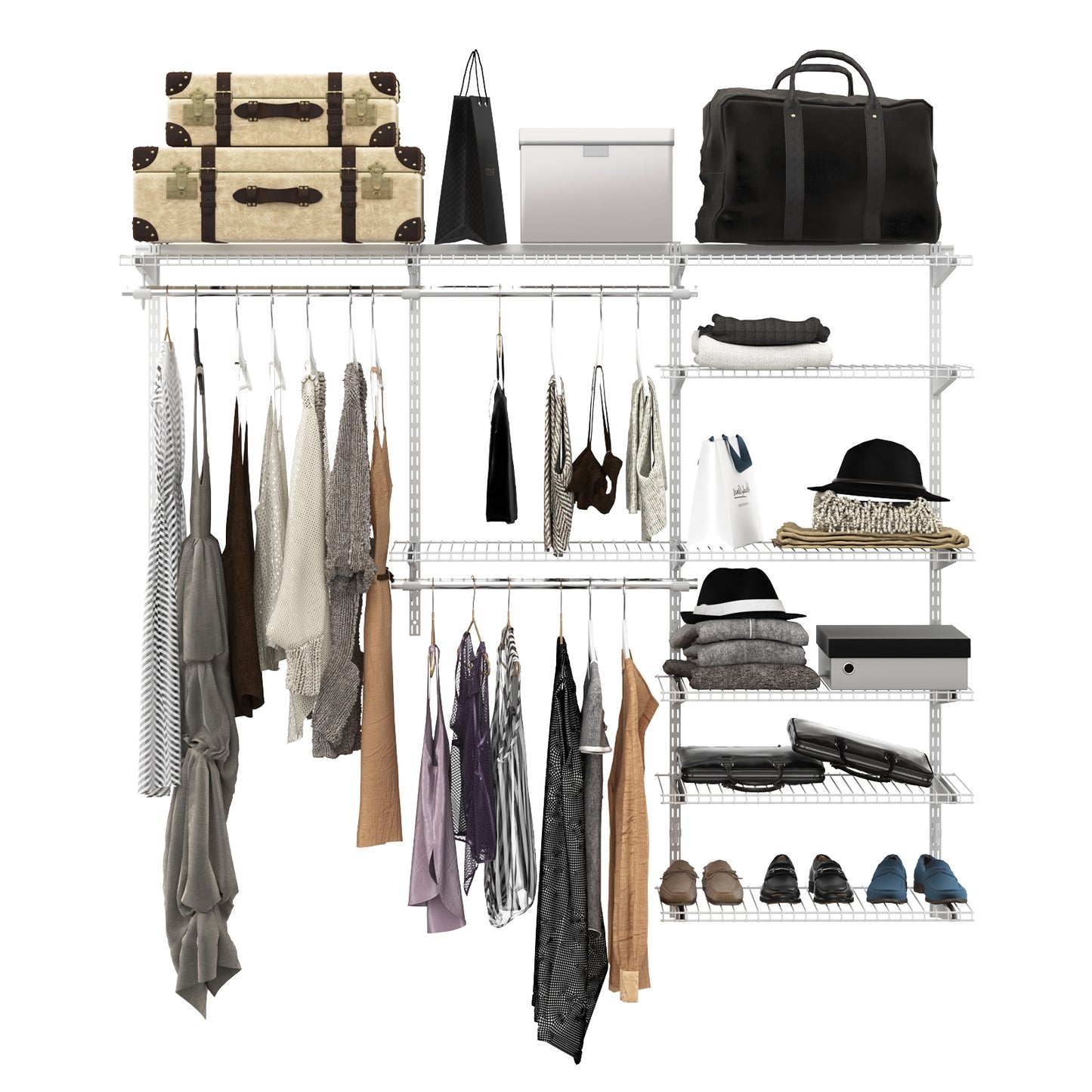 Adjustable Closet Organizer Kit with Shelves and Hanging Rods for 4–6 FT Spaces – Steel Storage System, Grey
