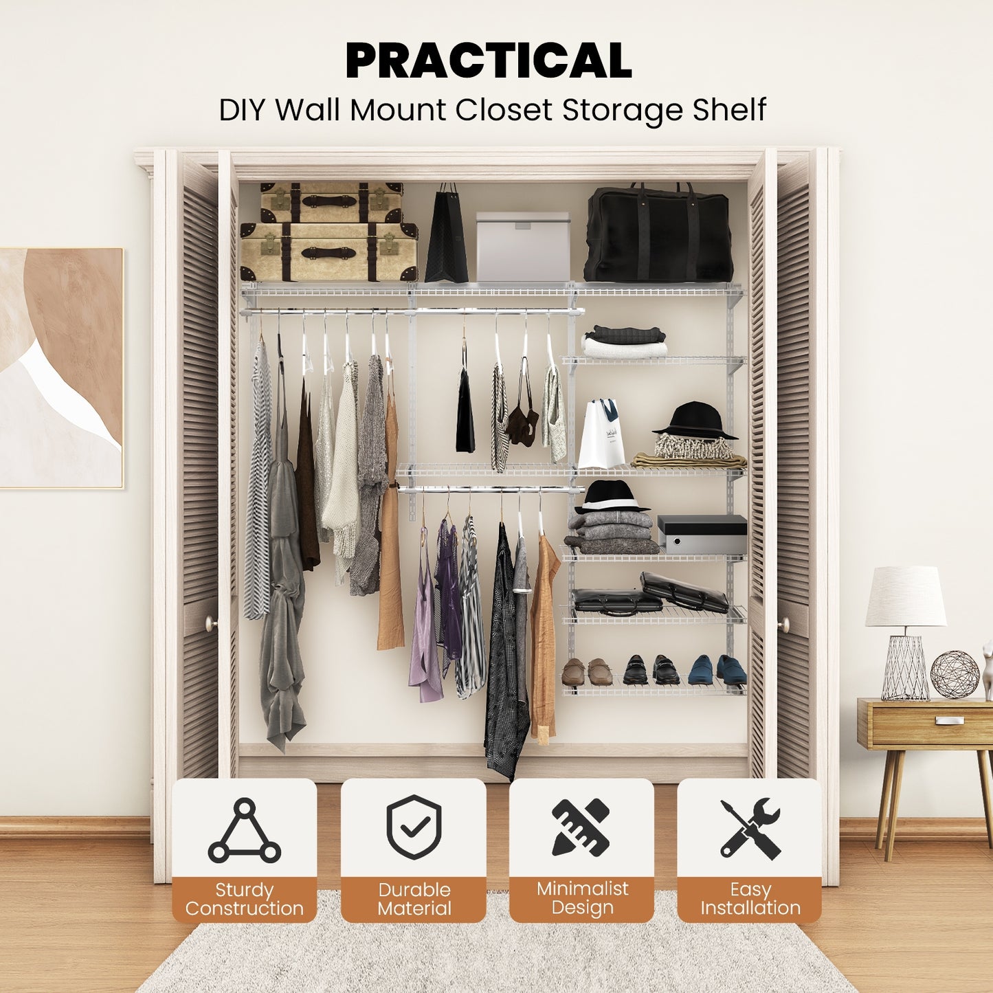 Adjustable Closet Organizer Kit with Shelves and Hanging Rods for 4–6 FT Spaces – Steel Storage System, Grey