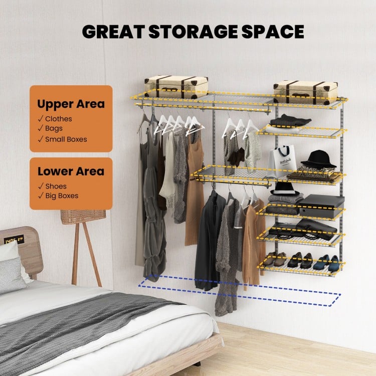 Adjustable Closet Organizer Kit with Shelves and Hanging Rods for 4–6 FT Spaces – Steel Storage System, Grey