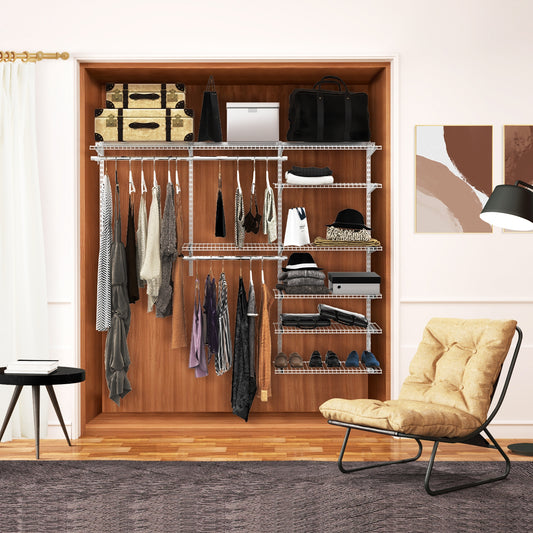 Adjustable Closet Organizer Kit with Shelves and Hanging Rods for 4–6 FT Spaces – Steel Storage System, Grey