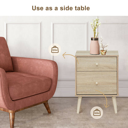 2-Drawer Nightstand with Storage and Rubber Wood Legs Natural