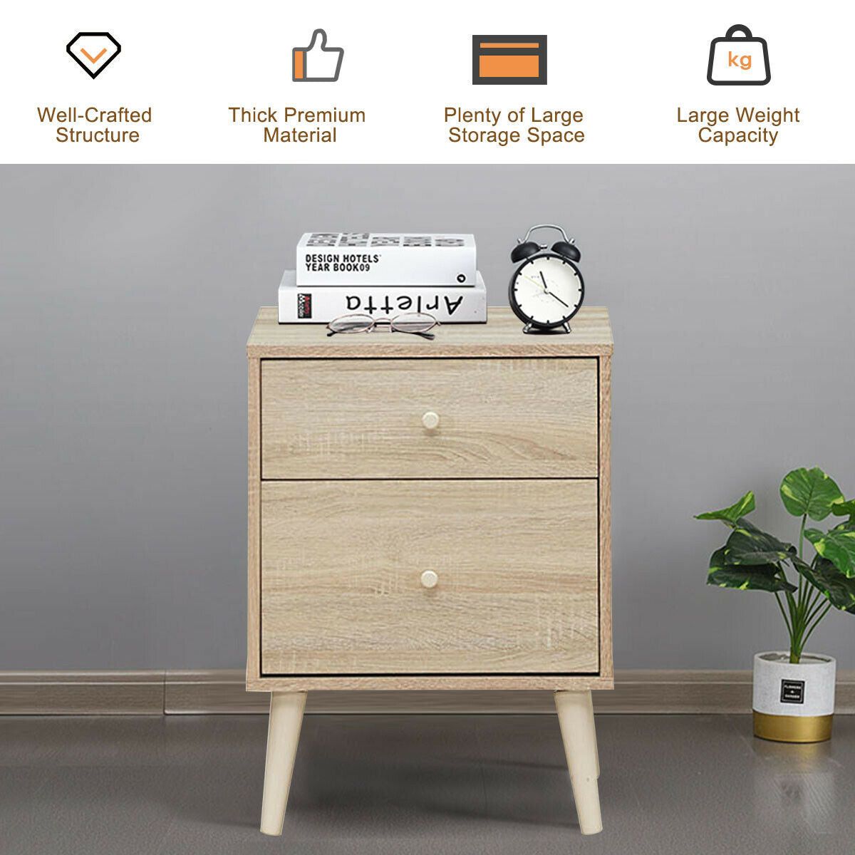 2-Drawer Nightstand with Storage and Rubber Wood Legs Natural