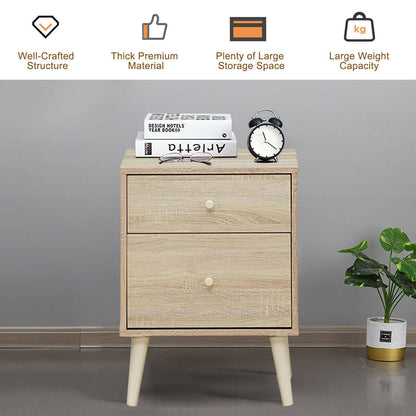 2-Drawer Nightstand with Storage and Rubber Wood Legs Natural