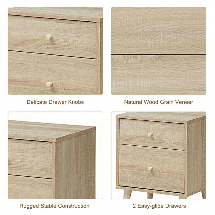 2-Drawer Nightstand with Storage and Rubber Wood Legs Natural