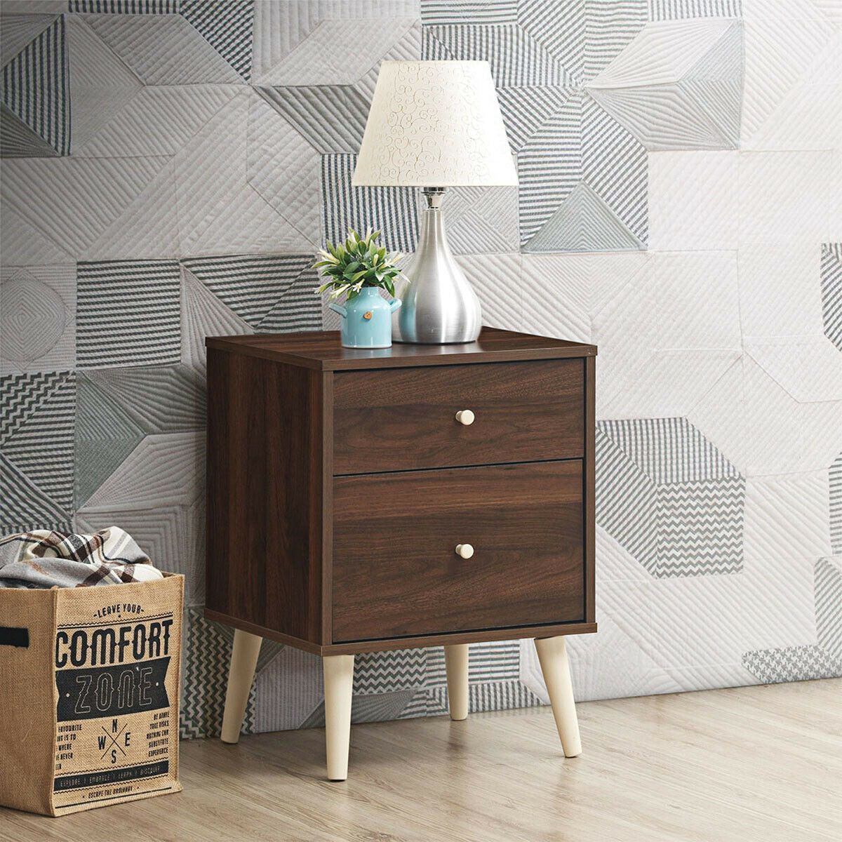 2-Drawer Nightstand with Storage and Rubber Wood Legs Brown