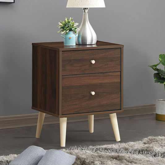 2-Drawer Nightstand with Storage and Rubber Wood Legs Brown