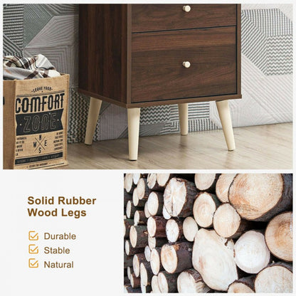2-Drawer Nightstand with Storage and Rubber Wood Legs Brown
