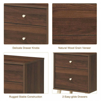 2-Drawer Nightstand with Storage and Rubber Wood Legs Brown