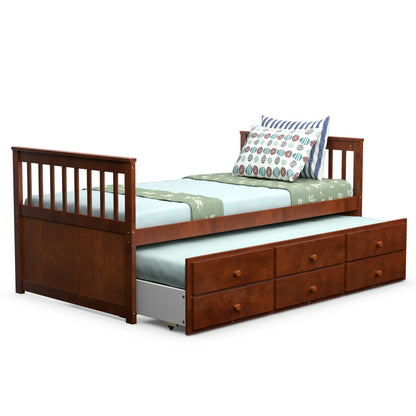 Wood Twin Captain’s Bed with Trundle and Three Storage Drawers for Kids or Guest Room Walnut