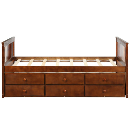 Wood Twin Captain’s Bed with Trundle and Three Storage Drawers for Kids or Guest Room Walnut