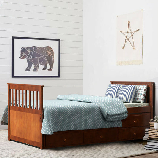 Wood Twin Captain’s Bed with Trundle and Three Storage Drawers for Kids or Guest Room Walnut