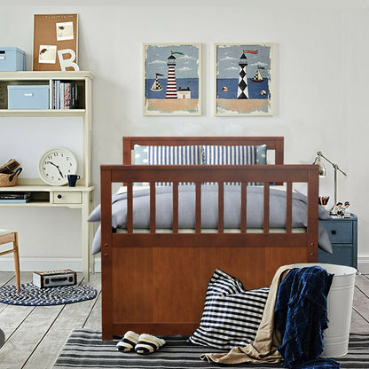 Wood Twin Captain’s Bed with Trundle and Three Storage Drawers for Kids or Guest Room Walnut