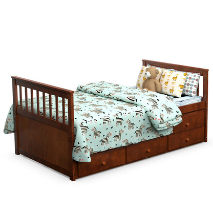 Wood Twin Captain’s Bed with Trundle and Three Storage Drawers for Kids or Guest Room Walnut