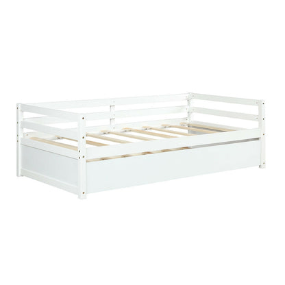 Space Saving Twin Daybed with Pull Out Trundle and Sturdy Wood Slat Frame - White