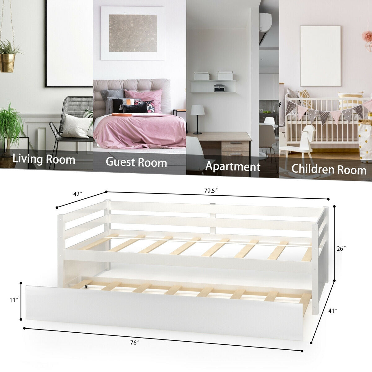 Space Saving Twin Daybed with Pull Out Trundle and Sturdy Wood Slat Frame - White